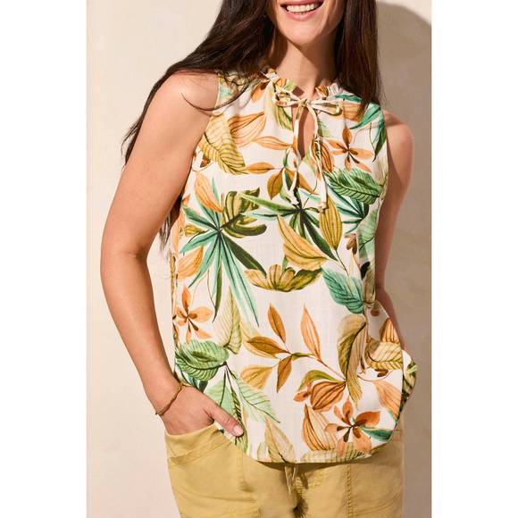NEW TRIBAL sleeveless blouse w/frill neck in aloe leaf - Picture 1 of 4